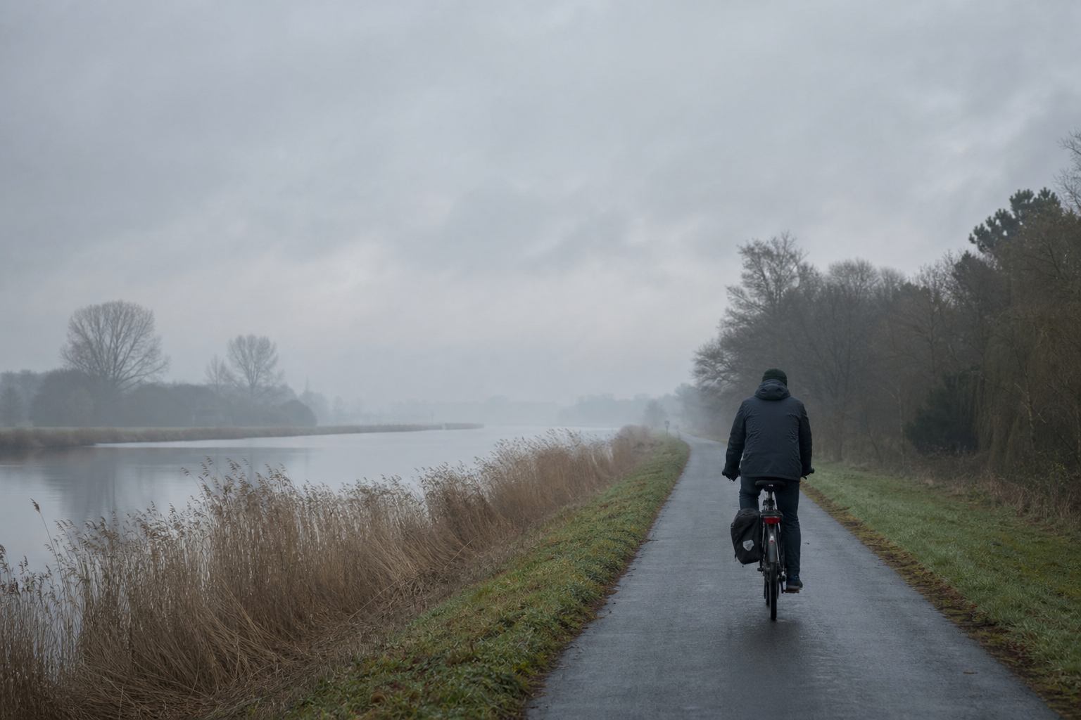 Radfahrerin auf Weg parallel zu einem norddeutschen Kanal